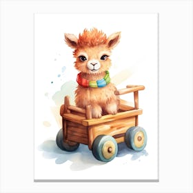 Baby Llama On A Toy Car, Watercolour Nursery 1 Canvas Print