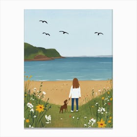 A Girl Walking Dog On The Beach By the Sea Canvas Print