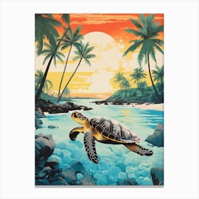Sea Turtle On The Beach Risograph Style 3 Canvas Print