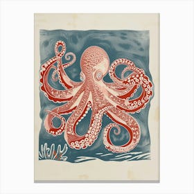 Red Octopus In The Ocean Linocut Inspired  6 Canvas Print