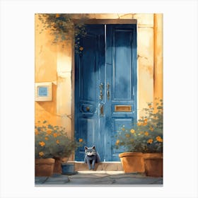 Grey Cat Mediterranean Blue Door Canvas Print