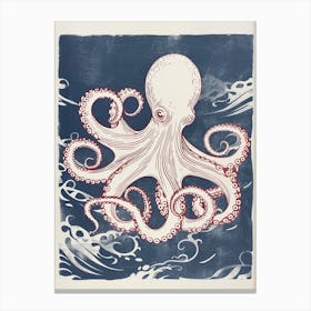 Red & Navy Blue Octopus In The Ocean Linocut Inspired 6 Canvas Print