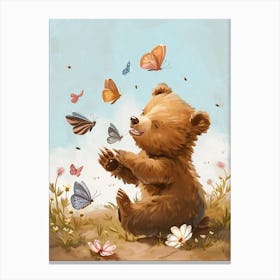 Brown Bear Cub Playing With Butterflies Storybook Illustration 4 Canvas Print