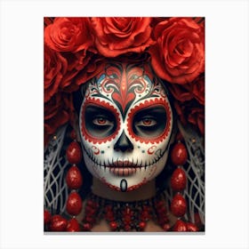 Red Day of the Dead Skull Flower Girl Canvas Print
