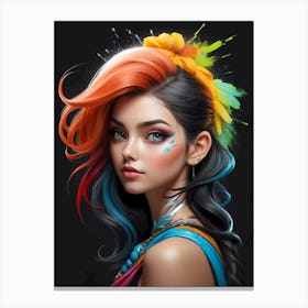 Girl With Colorful Hair And Feathers Canvas Print