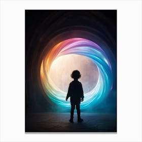 Silhouette Of A Child Mid Emergence From A Swirl Of Iridescent Colorful Ribbons Forming A Portal Canvas Print