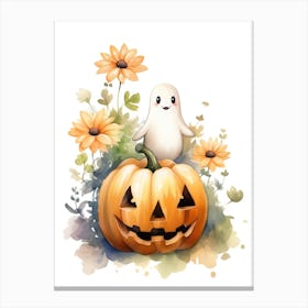 Cute Ghost With Pumpkins Halloween Watercolour 101 Canvas Print