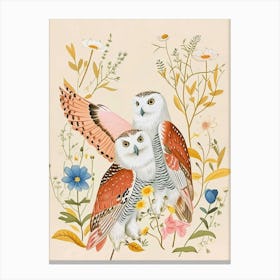 Folksy Floral Animal Drawing Snowy Owl Canvas Print