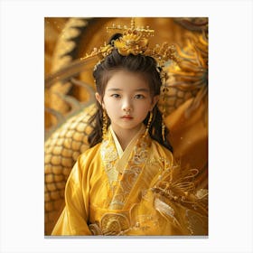 A Stunningly Beautiful 7 Year Old Asian Girl, Dressed In A Gorgeous Yellow Hanbok, With Princess Like, Absolutely Gorgeous Hair Adornment, With A Golden Dragon Behind Her, With Scales And Fiery Eyes That Come To Life, Full Body, Gold Toile