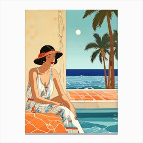 Vintage Illustration Of A Woman By The Pool Canvas Print