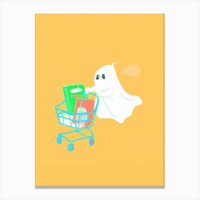 Cute Ghost At The Supermarket Pushing A Cart Canvas Print