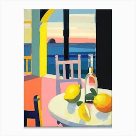 Painting Of A Lemons And Wine, Frenchch Riviera View, Checkered Cloth, Matisse Style 5 Canvas Print