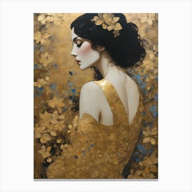 In the Style of Gustav Klimt - Beautiful Woman in Gold Leaf Wearing Back Showing Dress and Flowers, Similar to The Kiss, Tears, Portrait of Adele Bloch, Judith, Fräulein Lieser and Famous Replica Artworks - Perfect For Aesthetic Luxury Gallery Wall or Feature HD Canvas Print
