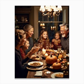 Candid Style Photo Of A Family Gathering Around A Thanksgiving Dinner Table Just Before The Prayer Canvas Print