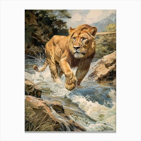 Barbary Lion Relief Illustration Crossing A River 1 Canvas Print