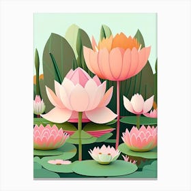 Lotus Flowers In Park Scandi Cartoon 5 Canvas Print