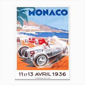Vintage poster 1936 Monaco Grand Prix which is a Formula One motor race held each year on the Circuit de Monaco. Run since 1929 Canvas Print