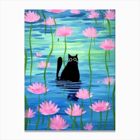 Black Cat In A Pond With Pink Flowers Canvas Print