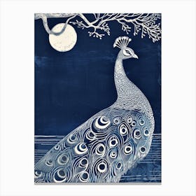 Peacock With The Moon Linocut Inspired Canvas Print