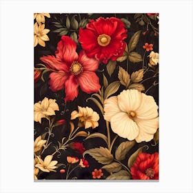 Red And White Flowers On Black Background Inspired By William Morris Canvas Print