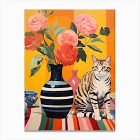 Rose Flower Vase And A Cat, A Painting In The Style Of Matisse 1 Canvas Print