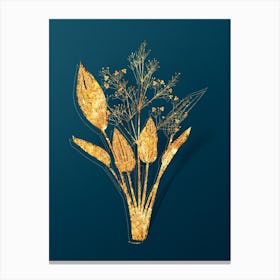 Vintage European Water Plantain Botanical in Gold on Teal Blue n.0172 Canvas Print