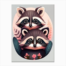 Cute Raccoons With Flowers Canvas Print
