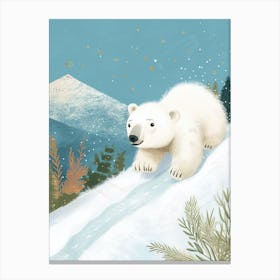 Polar Bear Cub Sliding Down A Snowy Hill Storybook Illustration 1 Canvas Print