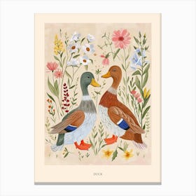 Folksy Floral Animal Drawing Duck 2 Poster Canvas Print