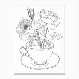 Rose In A Teacup Line Drawing 3 Canvas Print