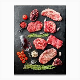 Wine, meat, tomato — Food kitchen poster/blackboard, photo art Canvas Print