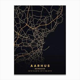 Aarhus Denmark Black And Gold Map Canvas Print