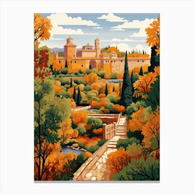 Gardens Of Alhambra, Spain In Autumn Fall Illustration 1 Canvas Print