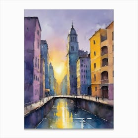 Colored Painting Of A Cityscape,Indigo And Yellow,Purple (3) Canvas Print