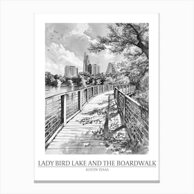 Lady Bird Lake And The Boardwalk Austin Texas Black And White Drawing 1 Poster Canvas Print