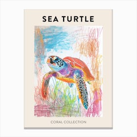 Sea Turtle With Marine Plants Scribble Poster 3 Canvas Print