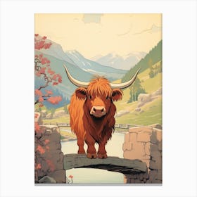 Sweet Animated Highland Cow On The Bridge Canvas Print