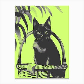 Black Cat Kitty In A Basket Green Canvas Print
