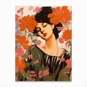 Woman With Autumnal Flowers Geranium Canvas Print