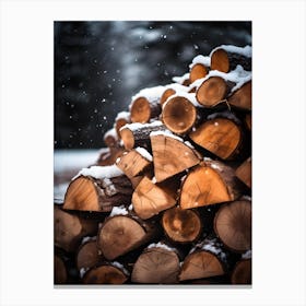 Stacked Logs In The Snow Canvas Print