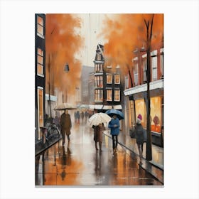 Amsterdam cafes, autumn season, rain, autumn oil colours.Faded colours,People passing on the street, winter clothes, rain umbrellas.12 2 Canvas Print