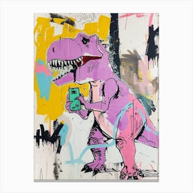 Dinosaur On The Phone Purple Graffiti Style 1 Canvas Print