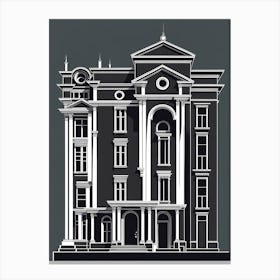 Building With A Clock On The Facade, black and white monochromatic art Canvas Print