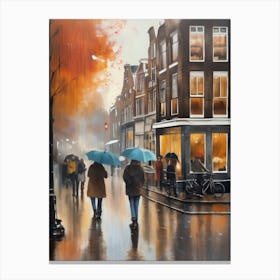 Amsterdam cafes, autumn season, rain, autumn oil colours.Faded colours,People passing on the street, winter clothes, rain umbrellas.5 4 Canvas Print