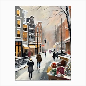 Amsterdam cafes, winter season, Christmas, autumn oil colors, pale colors, pedestrians in the street, winter clothes, falling snow.10 1 Leinwandbild