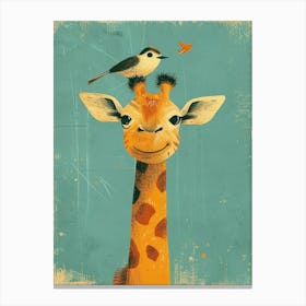 Small Joyful Giraffe With A Bird On Its Head 16 Canvas Print