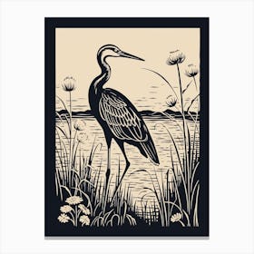 B&W Bird Linocut Egret 1 Canvas Print