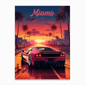 Synthwave Neon Car in Miami Night Canvas Print
