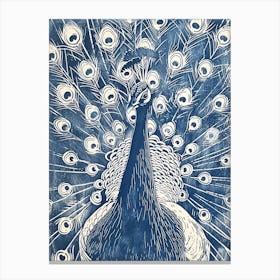 Navy Blue Linocut Inspired Peacock With Feathers Out 3 Canvas Print