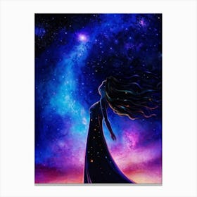 Cosmic Woman Draped In Stardust Beneath An Expansive Nightfall Sky Milky Way Swirling With Celesti Canvas Print